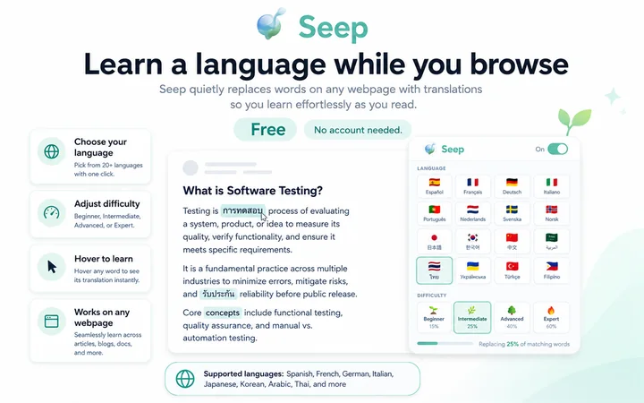 Seep translating words inline on a webpage, with the language and difficulty picker open