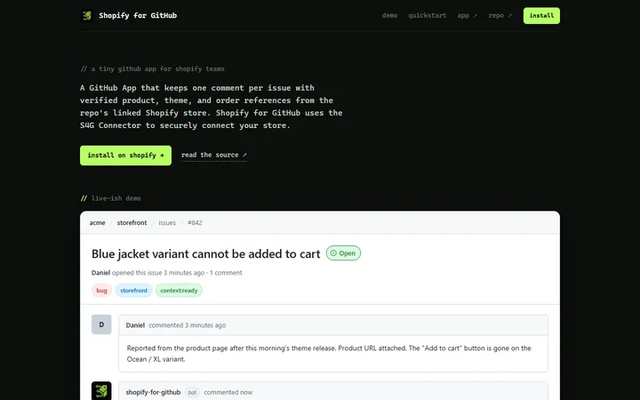The Shopify for GitHub landing page