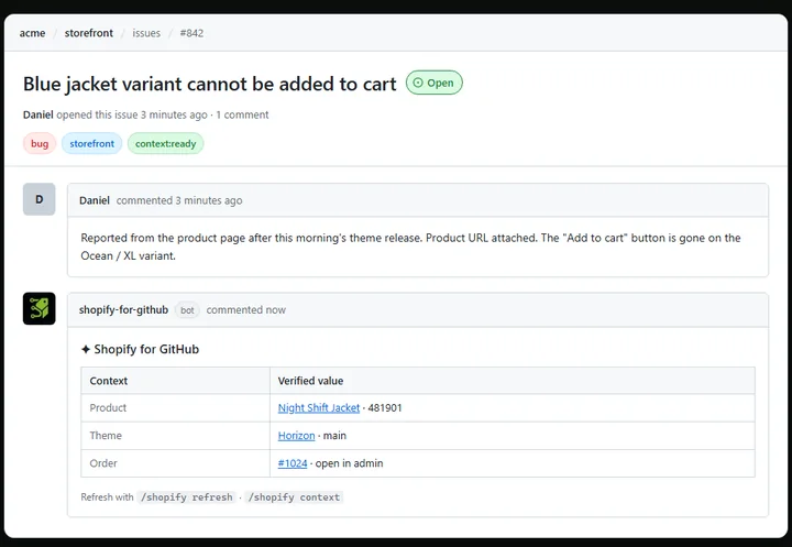A GitHub issue with the bot comment listing verified product, theme and order references